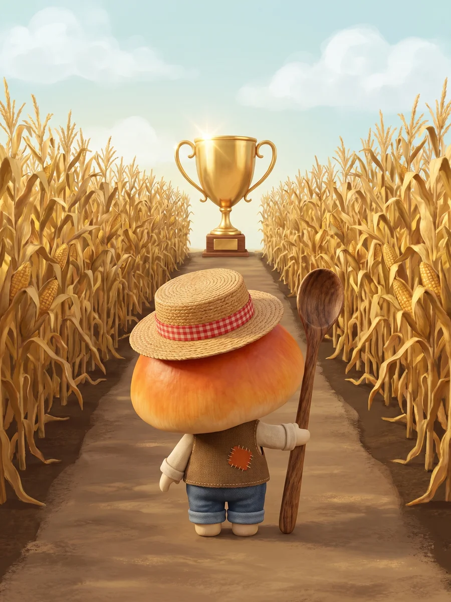 Rye standing in the centre of a corn path, the golden trophy at the far end