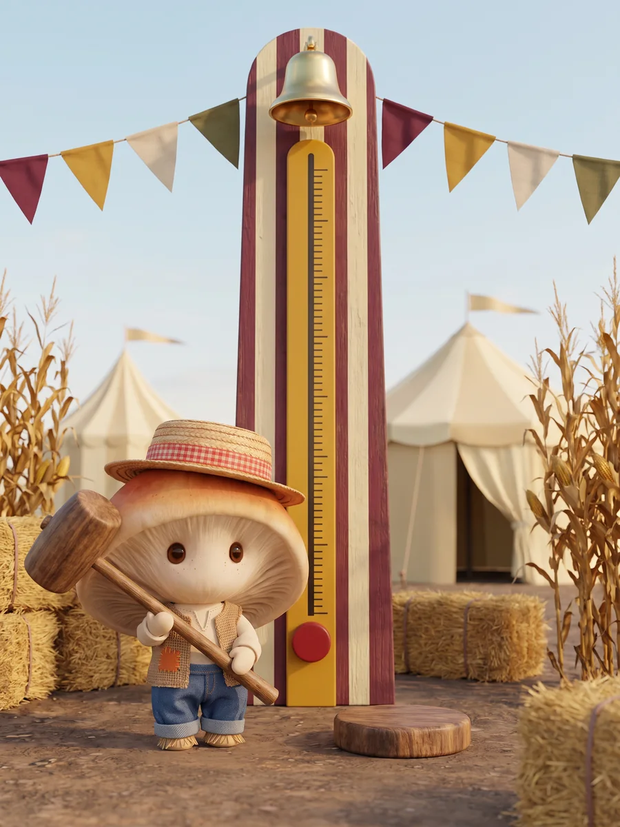 Rye with a wooden mallet in front of the Harvest Fair high striker tower