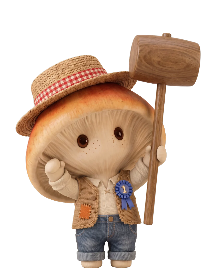 Rye in a straw hat raising a wooden carnival mallet like a champion