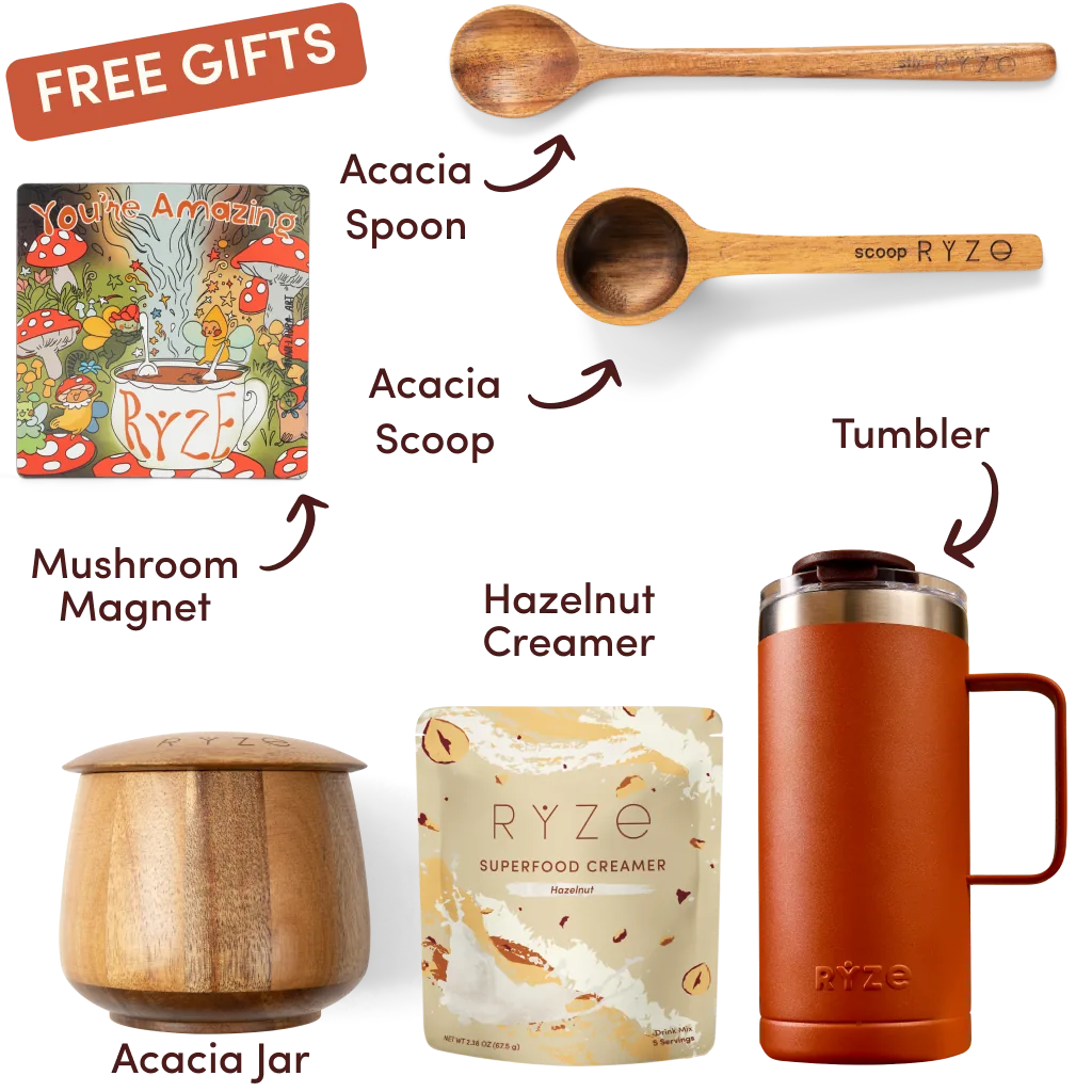 Free Acacia Jar, Mushroom Magnet, Acacia Spoon and Scoop, Tumbler, and limited edition Hazelnut Creamer