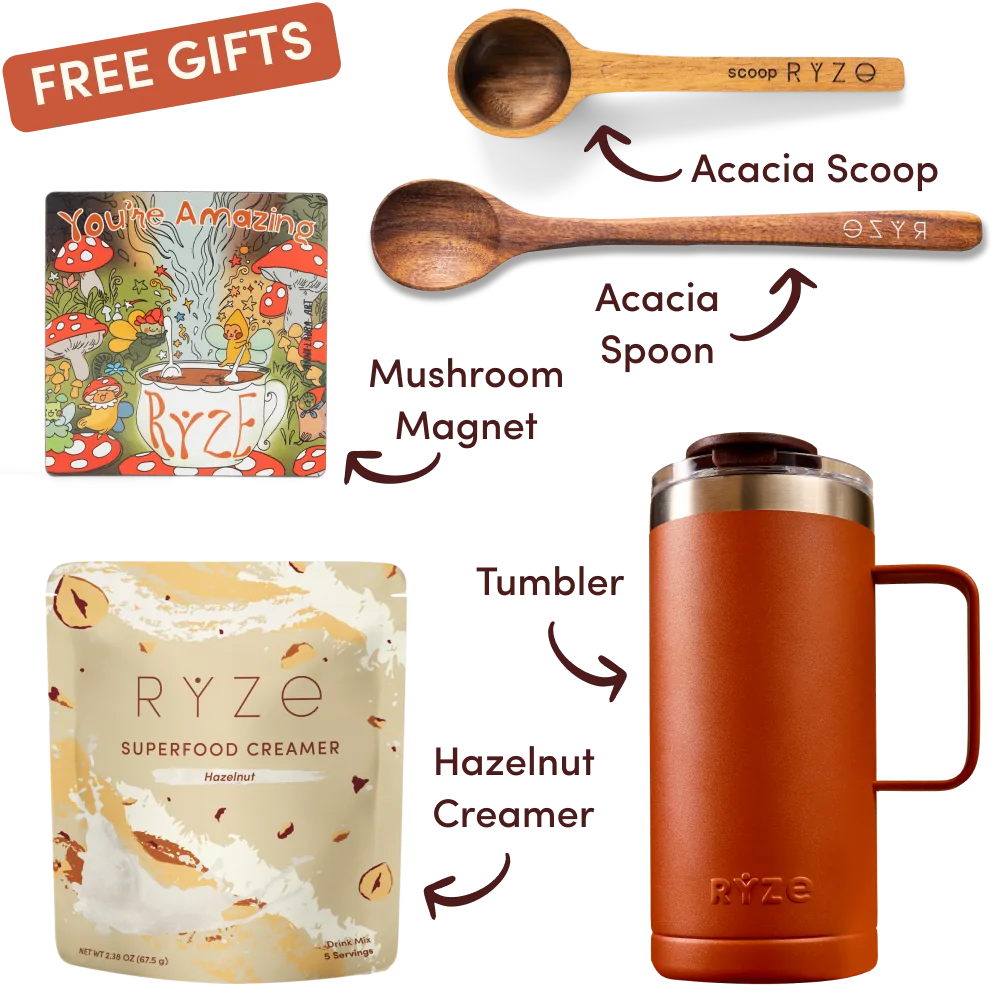 Free Mushroom Magnet, Acacia Spoon and Scoop, Tumbler, and limited edition Hazelnut Creamer