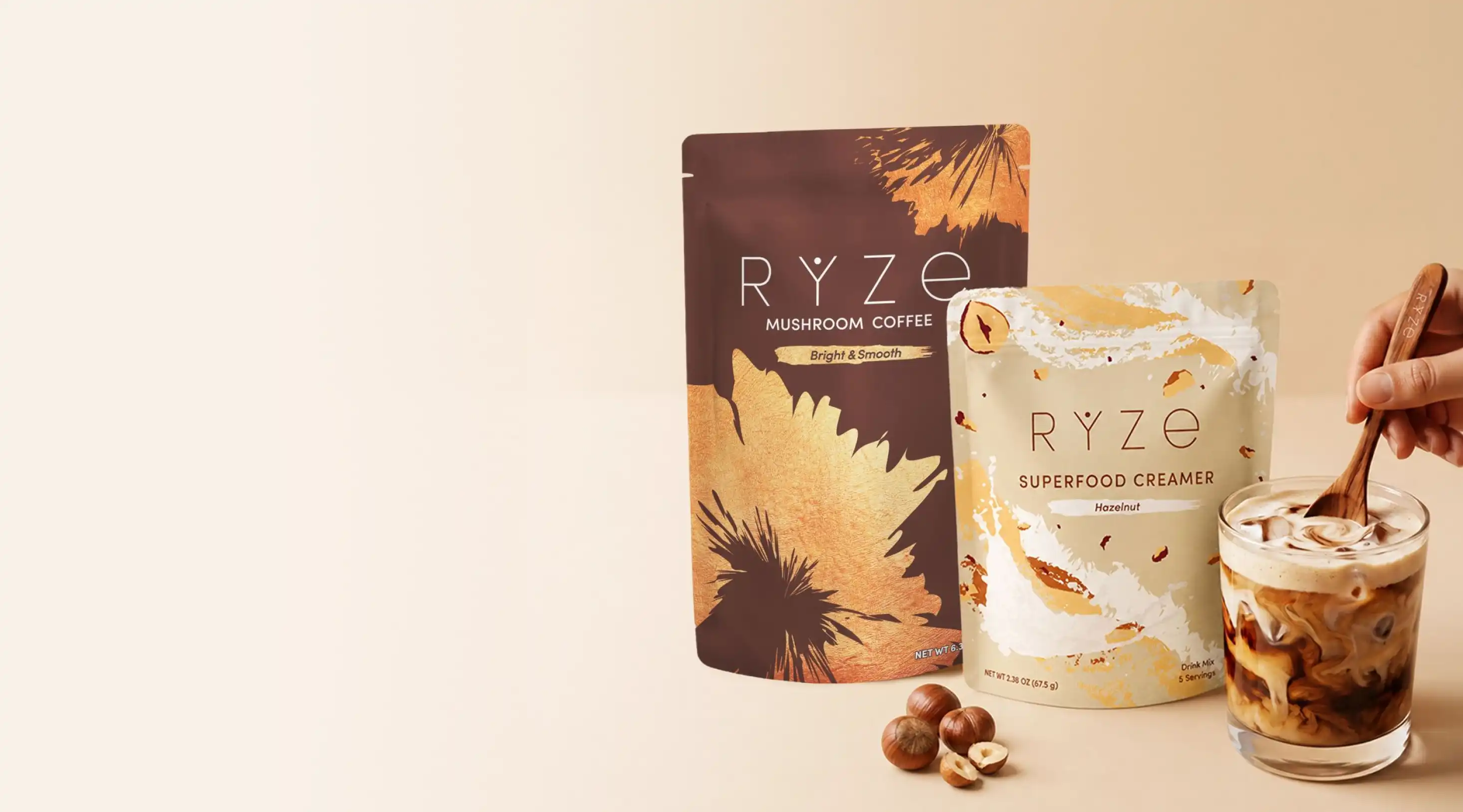 RYZE limited edition Hazelnut Superfood Creamer and Mushroom Coffee