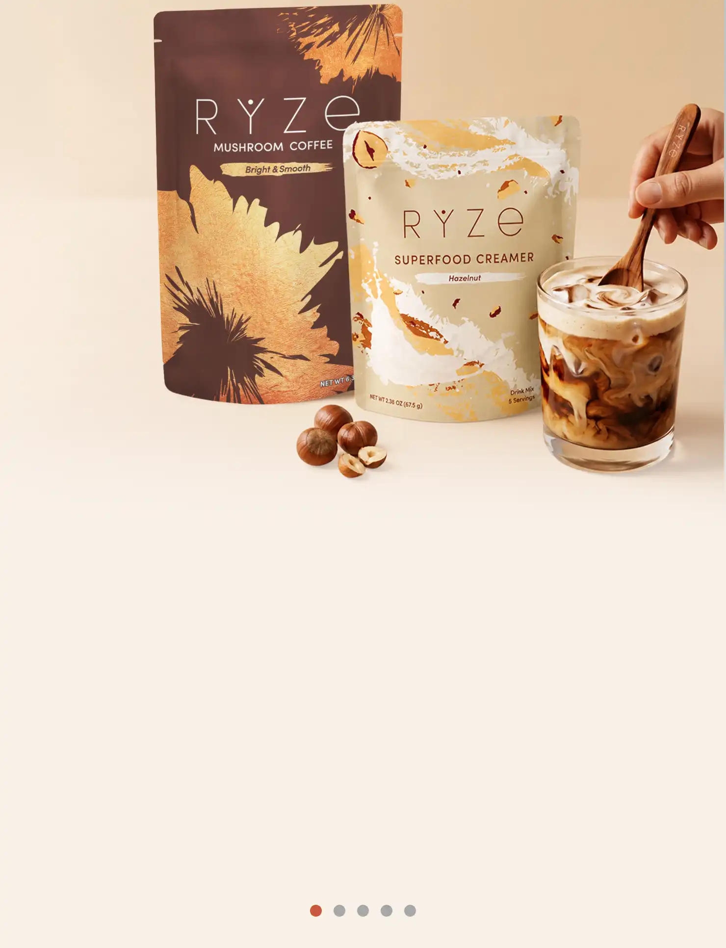 RYZE limited edition Hazelnut Superfood Creamer and Mushroom Coffee