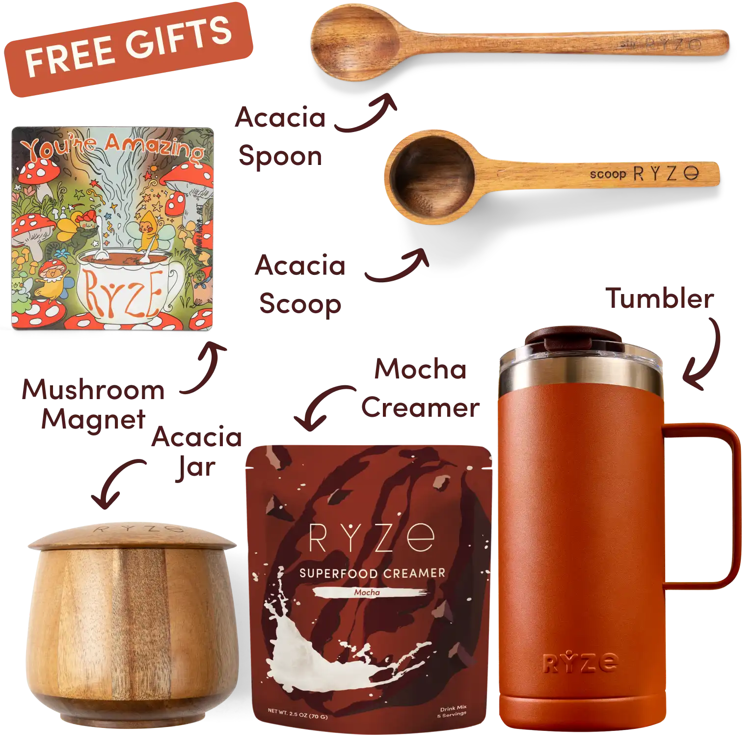 Free Acacia Jar, Mushroom Magnet, Acacia Spoon and Scoop, Tumbler, and limited edition Mocha Creamer