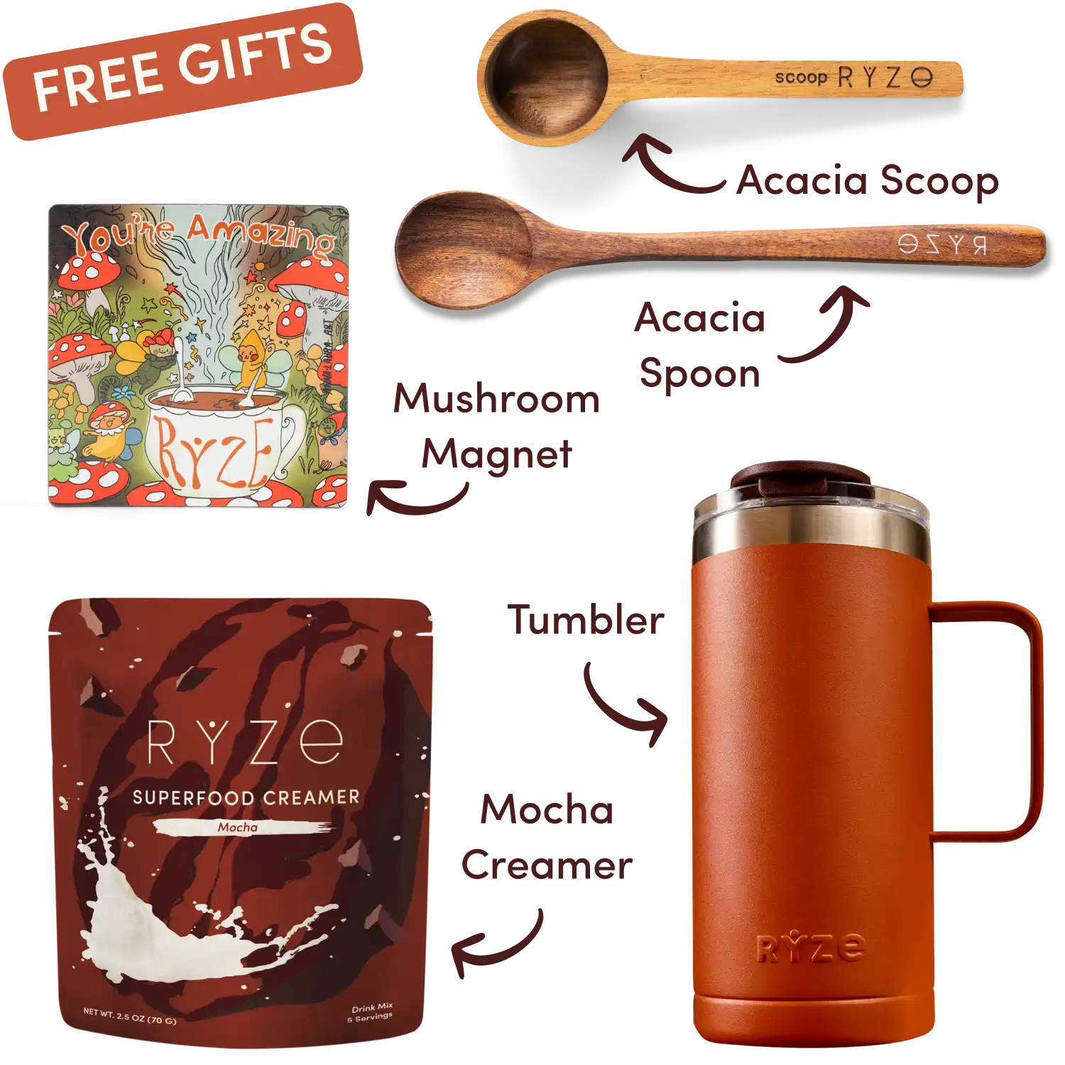 Free Mushroom Magnet, Acacia Spoon and Scoop, Tumbler, and limited edition Mocha Creamer