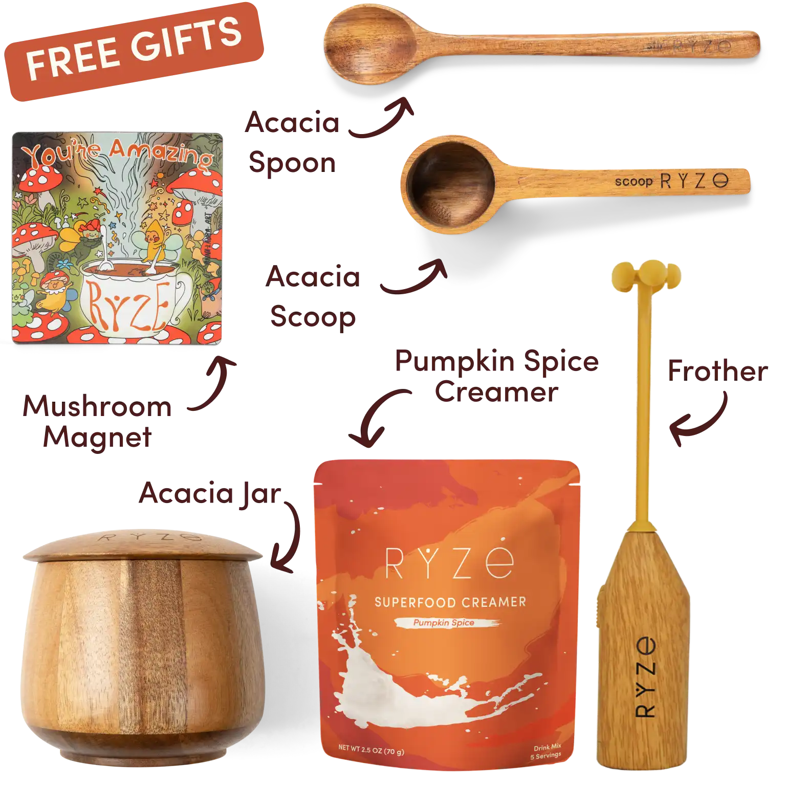 Free Acacia Jar, Mushroom Magnet, Acacia Spoon and Scoop, Frother, and limited edition Pumpkin Spice Creamer
