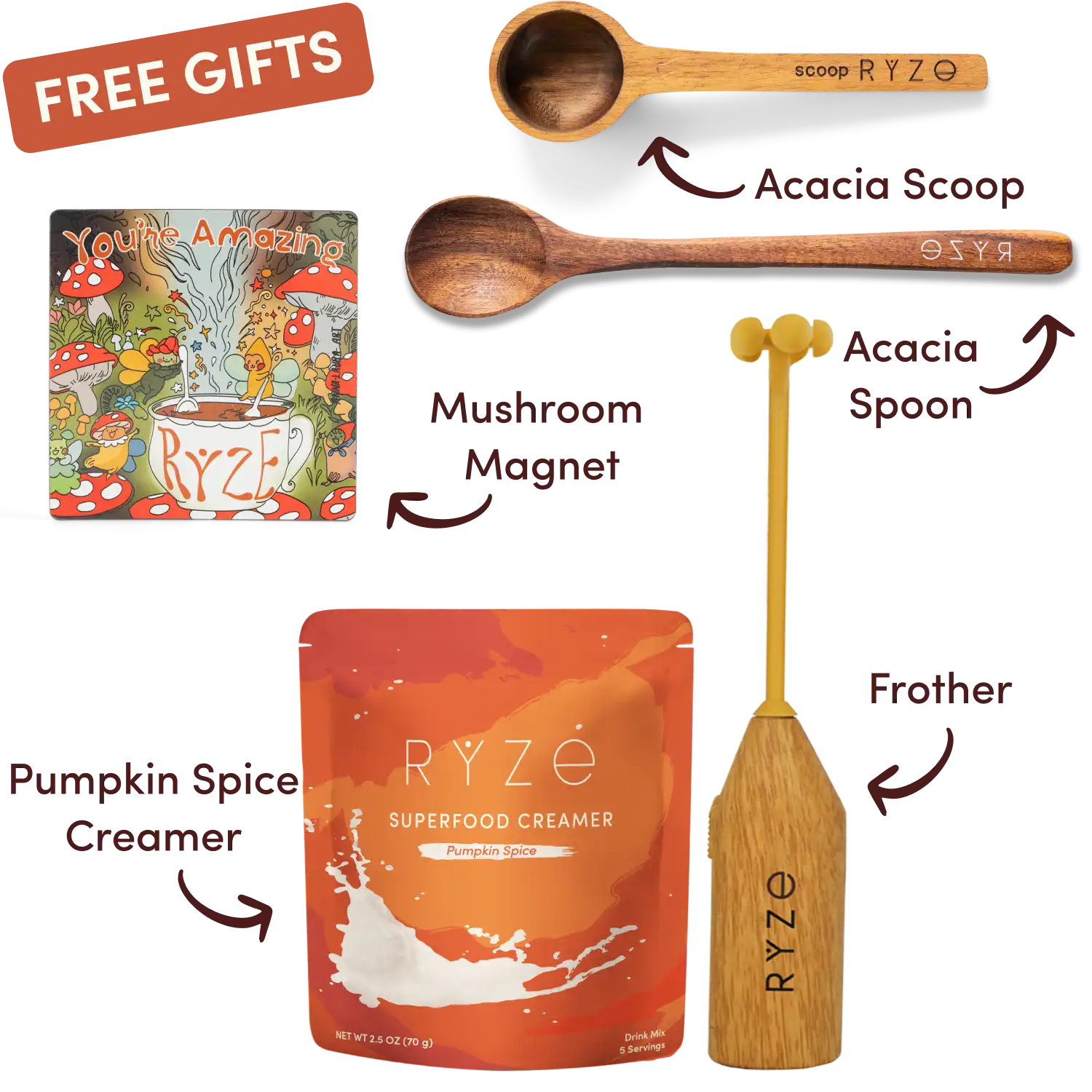 Free Mushroom Magnet, Acacia Spoon and Scoop, Frother, and limited edition Pumpkin Spice Creamer